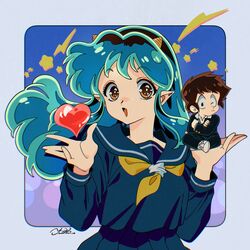  1boy 1girl aqua_hair black_hair blue_hair blue_shirt blue_skirt border brown_hair crossed_arms fang floating floating_hair floating_object gradient_background gradient_hair grey_border hands_up heart high-waist_skirt highres holding_chibi horns long_hair long_sleeves lum mini_person miniboy moroboshi_ataru multicolored_hair neckerchief open_hands open_mouth orange_eyes pleated_skirt pointy_ears raised_eyebrows school_uniform serafuku shirt shooting_star_(symbol) short_eyebrows signature skirt small_horns swept_bangs triangle_mouth upper_body urusei_yatsura yellow_horns yellow_neckerchief yo-co 