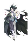  1boy black_cape black_hair buttons cape demon_boy disgaea disgaea_rpg fingernails formal full_body harada_takehito looking_at_viewer male_focus official_art petals pointy_ears red_eyes rose_petals shoes smile solo sword transparent_background valvatorez_(disgaea) vampire weapon 