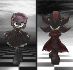  1boy 1girl alternate_costume amy_rose black_footwear brown_footwear checkered_floor eyelashes full_body furry furry_female furry_male goth_fashion green_eyes looking_at_viewer red_eyes shadow_the_hedgehog sonic_(series) standing tigerfog torn_clothes 