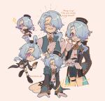  1boy animal_ears blue_hair cantobear english_text full_body gloves hair_over_one_eye hat honkai:_star_rail honkai_(series) male_focus medium_hair misha_(honkai:_star_rail) open_mouth ponytail rabbit_boy rabbit_ears shorts simple_background smile solo speech_bubble thighs white_background white_gloves 