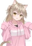  1girl :p animal_ears anz32 blush breasts brown_eyes brown_hair cat_ears cat_girl cat_tail closed_mouth commentary_request drawstring hair_between_eyes hands_up hood hood_down hoodie long_hair long_sleeves looking_at_viewer original pink_hoodie puffy_long_sleeves puffy_sleeves simple_background sleeves_past_fingers sleeves_past_wrists small_breasts smile solo tail tongue tongue_out twitter_username two_side_up upper_body white_background 