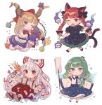  4girls :d :t animal_ears black_footwear blonde_hair blue_dress blue_skirt blunt_bangs bow cat_ears cat_tail closed_mouth colored_shoe_soles commentary_request detached_sleeves dress fire frilled_skirt frills fujiwara_no_mokou full_body gourd green_eyes green_hair hair_bow horns ibuki_suika juliet_sleeves kaenbyou_rin kochiya_sanae long_hair long_sleeves mozukuzu_(manukedori) multiple_girls ofuda ofuda_on_clothes orange_eyes pants puffy_short_sleeves puffy_sleeves purple_skirt red_bow red_eyes red_footwear red_pants redhead shirt short_sleeves simple_background skirt smile suspenders tail touhou twintails very_long_hair white_background white_hair white_shirt 