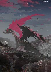  dead_animal dragon final_fantasy final_fantasy_xiv grey_sky highres impaled monster monster_focus mountain nidhogg_(ff14) no_humans polearm scenery signature sky spear weapon yabuka_shiwa 