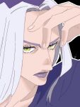  1boy byon curtained_hair hand_on_own_head jojo_no_kimyou_na_bouken leone_abbacchio lipstick long_hair looking_at_viewer makeup male_focus portrait purple_lips solo vento_aureo white_hair yellow_eyes 