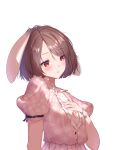  1girl absurdres animal_ears arm_at_side blush bob_cut brown_hair carrot_necklace center_frills commentary floppy_ears frills hand_on_own_chest hand_up head_tilt highres inaba_tewi jewelry lips looking_afar necklace parted_bangs parted_lips pink_shirt plaid plaid_shirt puffy_short_sleeves puffy_sleeves rabbit_ears rabbit_girl red_eyes shaoviie shirt short_hair short_sleeves simple_background solo swept_bangs touhou tsurime upper_body white_background 