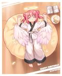  1girl angel_wings barefoot belt border cake chinese_commentary closed_eyes commentary_request double_bun feathers food fork hair_bun halo happy_birthday highres kuma-bound lying martial_arts_belt medium_hair on_back open_mouth original pants plate redhead sleeping twintails white_belt white_border white_pants wings 