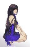  bare_back bare_shoulders black_hair blue_dress blue_footwear commentary dress english_commentary expressionless final_fantasy final_fantasy_vii final_fantasy_vii_remake from_side gradient_background grey_background hands_on_own_knees high_heels highres long_hair looking_afar pudelmudel red_eyes sitting sleeveless sleeveless_dress squatting tifa_lockhart 