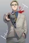  1boy 7:3_ratio absurdres animal_print blonde_hair blue_shirt brown_suit formal goggles highres holding holding_sword holding_weapon jujutsu_kaisen nanami_kento necktie pointing pointing_at_viewer pointing_weapon serious shirt short_hair solo suit sword weapon yellow_necktie 