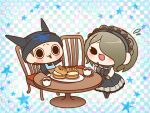  1boy 1girl :3 animal-themed_food apron back_bow beanie black_apron black_collar black_eyes black_gloves black_hairband black_hat black_jacket black_pantyhose blonde_hair blue_apron blue_background blue_bow blush_stickers bow breasts brown_footwear buttons candy_stick checkered_background chibi closed_mouth collar collared_dress commentary_request cream_puff cup danganronpa_(series) danganronpa_v3:_killing_harmony dress eyelashes flying_sweatdrops food food_in_mouth frilled_collar frilled_dress frilled_sleeves frills full_body furrowed_brow gloves hair_over_one_eye hairband hand_on_own_chin hand_on_table hat horned_hat hoshi_ryoma jacket lace-trimmed_hairband lace_trim layered_sleeves leather leather_jacket light_blush long_sleeves medium_dress necktie o-ring on_chair open_mouth pantyhose plate purple_necktie shoes short_hair simple_background sitting sleeves_past_wrists smile solid_oval_eyes spider_web_print standing star_(symbol) table tea teacup tojo_kirumi white_dress white_sleeves yumaru_(marumarumaru) 