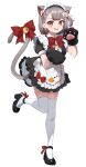  1girl ;d animal_ear_fluff animal_ear_legwear animal_ears animal_hands apron black_dress black_footwear breasts cat_ear_legwear cat_ears cat_girl cat_tail chobi_(penguin_paradise) dress extra_ears fang full_body gloves grey_hair highres large_breasts maid maid_apron maid_headdress multicolored_hair neneko_mashiro one_eye_closed one_side_up open_mouth paw_gloves redhead short_hair simple_background smile solo standing standing_on_one_leg stellive streaked_hair tail thigh-highs two-tone_hair virtual_youtuber white_apron white_background white_thighhighs 