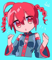  1girl ahoge alternate_hairstyle blue_background braid collared_shirt cropped_torso detached_sleeves kasane_teto looking_at_viewer open_mouth red_eyes redhead shirt sleeveless sleeveless_shirt solo twin_braids utau yuusuke-kun 