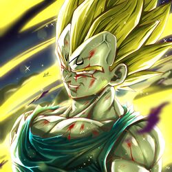  1boy aura blonde_hair blood blood_on_body blood_on_face close-up dragon_ball dragon_ball_z facial_mark forehead_mark green_eyes highres injury long_hair looking_at_viewer majin_vegeta male_focus medium_hair muscular muscular_male powering_up sekitsuki_hayato shirt signature smile solo sparkle spiky_hair super_saiyan super_saiyan_2 torn_clothes torn_shirt vegeta veins 