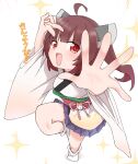  +_+ 1girl brown_hair commentary_request foreshortening from_above hair_ornament highres japanese_clothes kimono open_mouth pleated_kimono red_eyes sechin short_kimono smile socks solo sparkle standing standing_on_one_leg touhoku_kiritan translation_request twintails v voiceroid wide_sleeves 