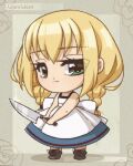  blonde_hair blue_and_white_dress braids chibi dress dual_braid green_eyes holding_knife rpgmaker signature simple_background videogame 