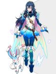  1girl alternate_color ameno_(a_meno0) blue_eyes blue_footwear blue_gloves blue_hair boots brand_of_the_exalt cape closed_mouth commentary crossover dress elbow_gloves fingerless_gloves fire_emblem fire_emblem_awakening fire_emblem_heroes full_body gloves gradient_dress hair_between_eyes knee_boots long_hair lucina_(fire_emblem) lucina_(resplendent)_(fire_emblem) official_alternate_costume pokemon pokemon_(creature) shiny_pokemon smile sylveon symbol-only_commentary symbol_in_eye tiara 