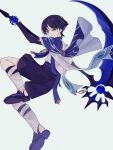  1boy bishounen full_body genshin_impact highres japanese_clothes male_focus o_ov13s purple_hair sandals scaramouche_(genshin_impact) scythe short_hair shorts simple_background smile solo violet_eyes white_background 