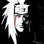  1boy aboude_art arabic_commentary artist_name black_eyes closed_mouth commentary_request english_commentary facial_mark forehead_protector instagram_logo instagram_username jiraiya_(naruto) limited_palette long_hair looking_at_viewer male_focus mixed-language_commentary naruto naruto_(series) ninja signature smile solo spiky_hair spot_color white_hair 