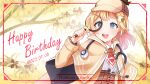  blonde_hair blue_eyes capelet character_name collared_shirt dated deerstalker hair_ornament happy_birthday hat highres holding holding_magnifying_glass hololive hololive_english jacket long_hair long_sleeves magnifying_glass necktie ohu_(kagemaru) open_mouth shirt smile stethoscope tree virtual_youtuber watson_amelia watson_amelia_(1st_costume) 
