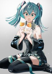  1girl absurdres alternate_hair_length alternate_hairstyle aqua_hair aqua_nails aqua_necktie black_footwear black_thighhighs blunt_ends blush commentary_request crossed_bangs detached_sleeves eating facing_viewer food food_on_face gradient_background green_eyes hash_browns hatsune_miku highres holding holding_food hxk4_n long_hair looking_at_food mcdonald&#039;s nail_polish necktie sitting skirt solo thigh-highs twintails unworn_necktie vocaloid wariza zettai_ryouiki 