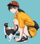  1girl bag black_footwear black_hair black_shorts cat chainsaw_man highres long_hair looking_at_viewer low_twintails mitaka_asa shiren_(ourboy83) shorts simple_background smile solo twintails 