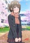  1girl :t azusagawa_kaede black_jacket blue_sky blurry blurry_background blush bow briefcase brown_eyes brown_hair brown_scarf brown_skirt building closed_mouth clouds commentary_request dated day depth_of_field fringe_trim hair_bow holding jacket long_sleeves outdoors pleated_skirt pout red_bow revision sakayaya scarf school_briefcase seishun_buta_yarou signature skirt sky solo tree v-shaped_eyebrows 