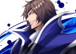  1boy blue_background brown_hair date_masamune_(sengoku_basara) evil_grin evil_smile eyepatch from_side grin highres looking_at_viewer male_focus multicolored_background portrait sengoku_basara short_hair siso_zakura03 slit_pupils smile solo white_background yellow_eyes 