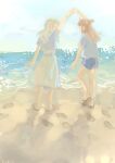  2girls absurdres beach blonde_hair blue_shirt brown_hair closed_eyes commentary day denim denim_shorts diana_cavendish dutch_angle english_commentary footprints highres holding_hands horizon kagari_atsuko little_witch_academia long_hair multiple_girls open_mouth outdoors sand sandals shirt short_sleeves shorts skirt smile tiku_(ttcwf03) white_skirt 