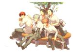  2013 5boys bag black_hair black_pants blue_eyes blue_hair border brown_hair burger character_request cup disposable_cup drinking_straw eating food fumiko_(throughx2) hand_on_another&#039;s_shoulder holding holding_burger holding_food kagami_taiga kuroko_no_basuke kuroko_tetsuya light_blush male_focus multiple_boys open_mouth pants redhead school_bag signature smile sweatdrop teeth tree v-shaped_eyebrows white_border 