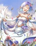  1girl :d ^_^ blue_hair blue_sky catria_(bridal)_(fire_emblem) catria_(fire_emblem) closed_eyes clothes_lift clouds commentary_request detached_sleeves dress dress_lift feather_hair_ornament feathers fire_emblem fire_emblem:_mystery_of_the_emblem fire_emblem_heroes flower gold_trim grass hair_flower hair_ornament headband highres official_alternate_costume outdoors sky smile solo strapless strapless_dress teeth tyun_nonokaze upper_teeth_only white_dress white_sleeves 