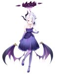  1girl bare_shoulders bat_wings blue_archive cocktail_dress demon_girl demon_horns dress earrings formal full_body halo highres hina_(blue_archive) hina_(dress)_(blue_archive) horns jewelry low_wings necklace purple_dress simple_background solo standing strapless strapless_dress tachi-e violet_eyes white_hair wings youta 