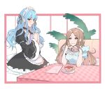  2girls apron bang_dream! bang_dream!_it&#039;s_mygo!!!!! black_dress black_ribbon blue_eyes blue_shirt blush booth_seating brown_hair chinese_commentary clipboard closed_mouth commentary_request commission cup dress frilled_shirt frills hair_ribbon highres holding holding_clipboard jewelry juliet_sleeves long_hair long_sleeves looking_at_another looking_at_viewer maid maid_apron maid_headdress menu multiple_girls nagasaki_soyo necklace puffy_sleeves restaurant ribbon saucer second-party_source shirt sitting smile teacup togawa_sakiko tsumalan waitress white_apron yellow_eyes 