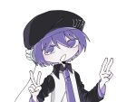  1girl beret black_hat cable cho_(chora_otaku00) collared_shirt double_v hands_up hashtag-only_commentary hat headgear long_sleeves looking_at_viewer necktie open_mouth purple_hair purple_necktie shirt short_hair solo upper_body utane_uta utau v violet_eyes 