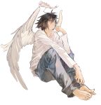  1boy absurdres angel_wings barefoot black_eyes black_hair blue_pants closed_mouth death_note feathered_wings full_body hair_between_eyes halo highres l_(death_note) lomizuki looking_up male_focus pants shirt short_hair simple_background sitting solo thinking toenails toes white_background white_halo white_shirt white_wings wings 