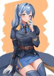  1girl alternate_hairstyle blue_eyes blue_hair blue_skirt blue_thighhighs blush breasts dawn_1945 gloves gotland_(kancolle) hair_between_eyes half_gloves highres kantai_collection long_hair long_sleeves looking_at_viewer medium_breasts military_uniform mole mole_under_eye necktie shirt sitting skirt smile solo thigh-highs uniform white_background white_gloves yellow_background 