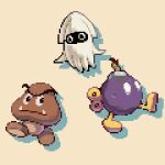  black_eyes blooper_(mario) bob-omb bomb brown_background closed_mouth commentary english_commentary explosive fangs frown goomba highres looking_at_viewer no_humans pixel_art pixel_pit serious shadow simple_background squid super_mario_bros. v-shaped_eyebrows walking white_eyes winding_key 