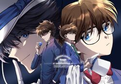  4boys blue_eyes blue_gemstone blue_jacket bow bowtie brown_hair coat collared_shirt edogawa_conan english_text formal gem glasses gloves green_necktie hair_between_eyes hair_over_eyes hand_in_pocket hat holding holding_clothes holding_gem holding_hat jacket kaitou_kid kudou_shin&#039;ichi kuroba_kaito long_sleeves magic_kaito male_focus meitantei_conan multiple_boys multiple_views necktie red_bow red_bowtie riceko school_uniform shirt short_hair smile suit teitan_high_school_uniform top_hat white_coat white_gloves white_shirt white_suit 
