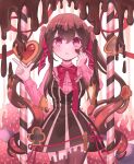  1girl bow brown_hair chocolate chocolate_on_face cookie dress food food-themed_clothes food_on_face hair_ribbon index_finger_raised long_hair long_sleeves looking_at_viewer nashinome_(y5wlht) open_mouth original pink_eyes ribbon solo thigh-highs twintails very_long_hair 