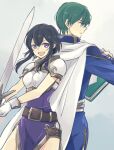  1boy 1girl armor back-to-back belt black_hair blue_tunic book breastplate cape ced_(fire_emblem) earrings fire_emblem fire_emblem:_genealogy_of_the_holy_war gloves green_hair holding holding_sword holding_weapon jewelry larcei_(fire_emblem) open_mouth purple_tunic short_hair shoulder_armor sidelocks smile sword tenjin_(ahan) tomboy tunic weapon white_cape 