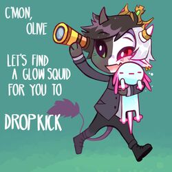  1other animal arkay axolotl axolotl_(minecraft) black_suit chibi crown dream_smp english_text freckles green_eyes heterochromia highres holding holding_animal horns minecraft minecraft_youtube multicolored_hair ranboo red_eyes shoes smile solo split-color_hair split-color_skin spyglass suit tail 