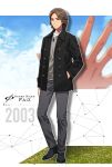  1010_mumumu 1boy 2003 black_jacket blue_sky brown_hair contrapposto copyright_name dog_tags grey_pants hand_up heisei highres inui_takumi jacket kamen_rider kamen_rider_555 long_hair looking_at_viewer male_focus pants shirt shoes sky solo standing undershirt white_shirt yellow_eyes 