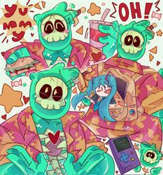 1boy ^_^ big_belly character_doll closed_eyes collage colored_skin doug_(monster_prom) english_text fat fat_man green_skin hatsune_miku hawaiian_shirt highres male_focus monster_boy monster_prom nullvier object_through_head open_clothes open_shirt see-through shirt slime_boy sword_in_head tareme vocaloid