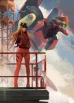  1girl animal_hat black_bodysuit black_hat bodysuit bodysuit_under_clothes cat_hat clayscence clouds commentary english_commentary evangelion:_3.0_you_can_(not)_redo evangelion_(mecha) eyepatch hand_in_pocket hat jacket long_hair looking_at_viewer mecha multicolored_clothes multicolored_jacket neon_genesis_evangelion orange_hair outdoors plugsuit rebuild_of_evangelion red_bodysuit red_jacket robot science_fiction shaded_face skin_tight solo souryuu_asuka_langley two-tone_bodysuit two-tone_jacket white_jacket 