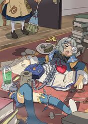  1boy 1girl :o android banana_peel blue_shorts book book_stack boots broom closed_eyes coping_saw dress drooling food hammer highres indoors mallet mechanical_parts mechanical_spine medium_dress mouth_drool nose_bubble open_book original sandwich saw shorts sleeping spill stevia_(vanillaklein) thigh_boots vanilla_(vanillaklein) vanillaklein 