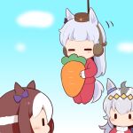  3girls animal_ears blue_sky blush_stickers bow brown_hair brown_hat carrot chibi closed_eyes clouds day ear_bow ear_covers food gold_ship_(umamusume) gomashio_(goma_feet) grey_hair hanging hat holding holding_food horse_ears horse_girl horse_tail jacket long_hair motion_lines multicolored_hair multiple_girls oguri_cap_(umamusume) outdoors pants purple_bow red_footwear red_jacket red_pants rope shoes sky special_week_(umamusume) tail track_jacket track_pants track_suit two-tone_hair umamusume very_long_hair white_hair 