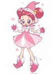  1girl :d asa_yuki523 blush boots commentary_request corrupted_twitter_file double_bun dress earrings full_body gloves hair_bun hair_ornament harukaze_doremi hat highres jewelry magical_girl musical_note musical_note_hair_ornament ojamajo_doremi open_mouth pink_dress pink_eyes pink_footwear pink_gloves pink_hair pink_hat pointy_footwear short_bangs short_hair simple_background smile solo standing white_background witch_hat 