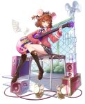  1girl :d animal_ears black_socks blue_necktie blue_skirt bottle brown_footwear brown_hair bush cardigan desk eversoul full_body game_cg guitar hamster_ears hamster_girl headset heart holding holding_guitar holding_instrument horn_speaker instrument kneehighs looking_at_object mica_(eversoul) necktie official_alternate_costume official_art on_desk paper playing_guitar red_cardigan rooftop school_uniform shirt short_hair sitting skirt smile socks solo speaker stage_lights star_(symbol) star_print striped_clothes striped_skirt tachi-e thighs transparent_background water_bottle white_shirt wing_collar yellow_eyes 