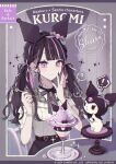  1girl 2024 akakura artist_name black_hair black_hairband black_nails black_ribbon character_name closed_mouth collared_shirt earrings food hair_ribbon hairband highres holding holding_spoon jewelry kuromi long_hair looking_at_another low_twintails multicolored_hair multiple_rings neck_ribbon onegai_my_melody purple_hair purple_ribbon ribbon ring sanrio shirt short_sleeves sitting solo spoon twintails violet_eyes watch watch white_shirt 