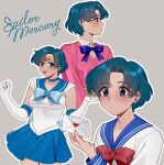  1girl back_bow bishoujo_senshi_sailor_moon blue_bow blue_bowtie blue_choker blue_hair blue_sailor_collar blue_skirt bow bowtie cardigan character_name choker circlet collarbone commentary elbow_gloves english_commentary envelope gloves grey_background highres holding holding_envelope inner_senshi looking_at_viewer looking_to_the_side miniskirt mizuno_ami multiple_views open_mouth pink_cardigan pleated_skirt profile red_bow red_bowtie sailor_collar sailor_mercury sailor_senshi sailor_senshi_uniform school_uniform serafuku shirt short_hair simple_background skirt sunnypoppy white_gloves white_shirt 