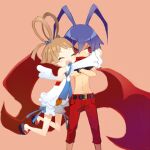 1boy 1girl angel angel_wings antenna_hair belt black_gloves bloomers blue_hair bow-shaped_hair brother_and_sister closed_eyes crossed_arms demon_boy detached_sleeves disgaea disgaea_d2 feathered_wings fingerless_gloves ginta_(tourabu) gloves hair_between_eyes hug laharl navel open_mouth pants red_eyes red_pants red_scarf sandals scarf scarf_over_mouth siblings sicily_(disgaea) simple_background smile topless_male wings 