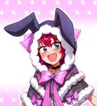  1girl :d animal_hood black_capelet black_choker blue_eyes blush bow bowtie capelet choker commentary cross-shaped_pupils ddolbang english_commentary fangs fur-trimmed_capelet fur_trim heterochromia highres hololive hololive_english hood hood_up hooded_capelet irys_(casualrys)_(hololive) irys_(hololive) layered_capelet looking_at_viewer multicolored_hair official_alternate_costume open_mouth pink_bow pink_bowtie pink_eyes rabbit_hood redhead smile solo streaked_hair symbol-shaped_pupils upper_body virtual_youtuber 